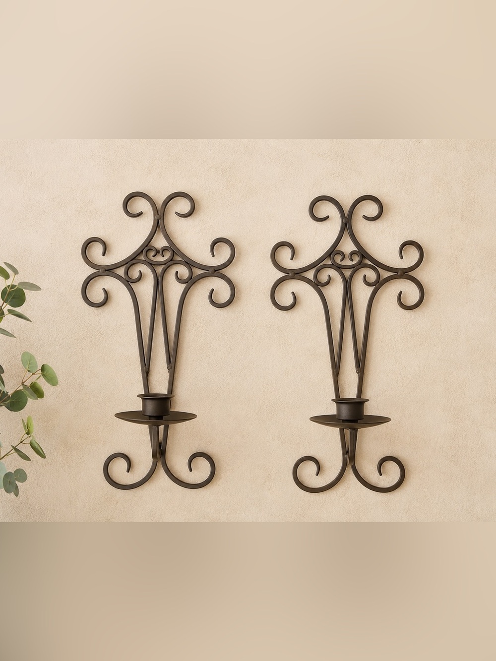 Vintage Pair Wrought Iron Sconces Wall Hanging Scrollwork Pillar Candle Holder